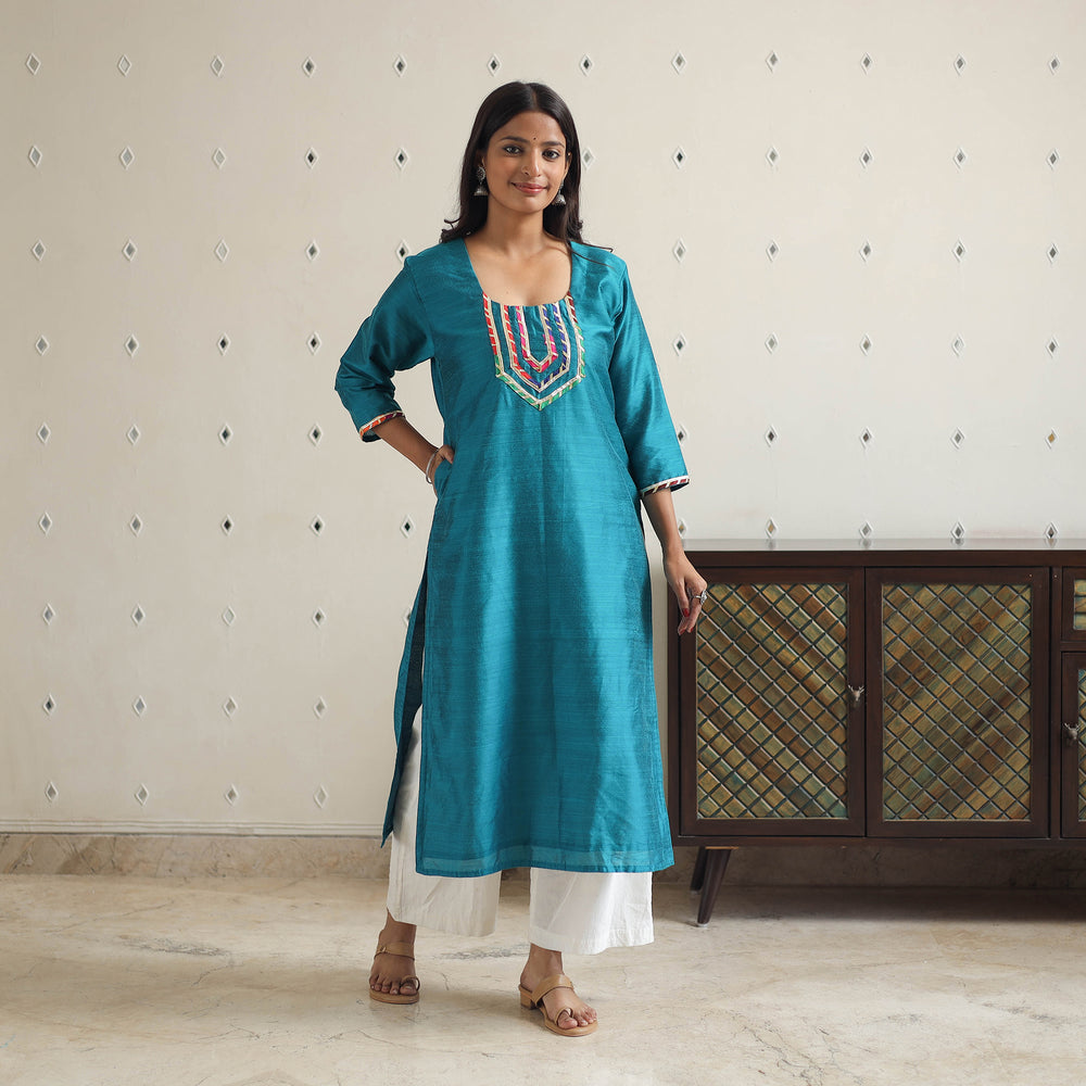 Mahira Dark Green Gota Work Slub Silk Plain Kurta