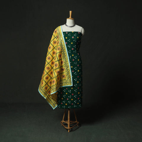 Green - Kutch Bandhani Tie-Dye Cotton 2pc Unstitched Dress Material Kurta Set with Earrings 30