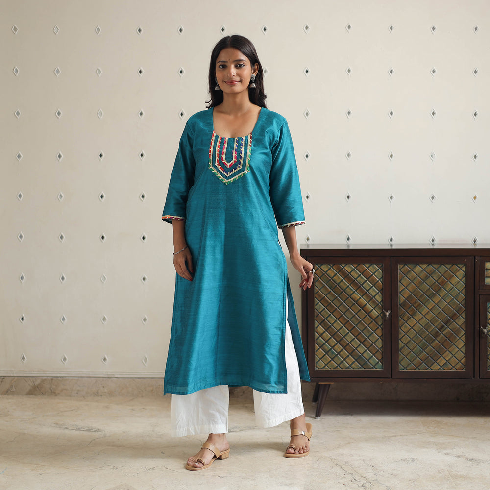 Mahira Dark Green Gota Work Slub Silk Plain Kurta