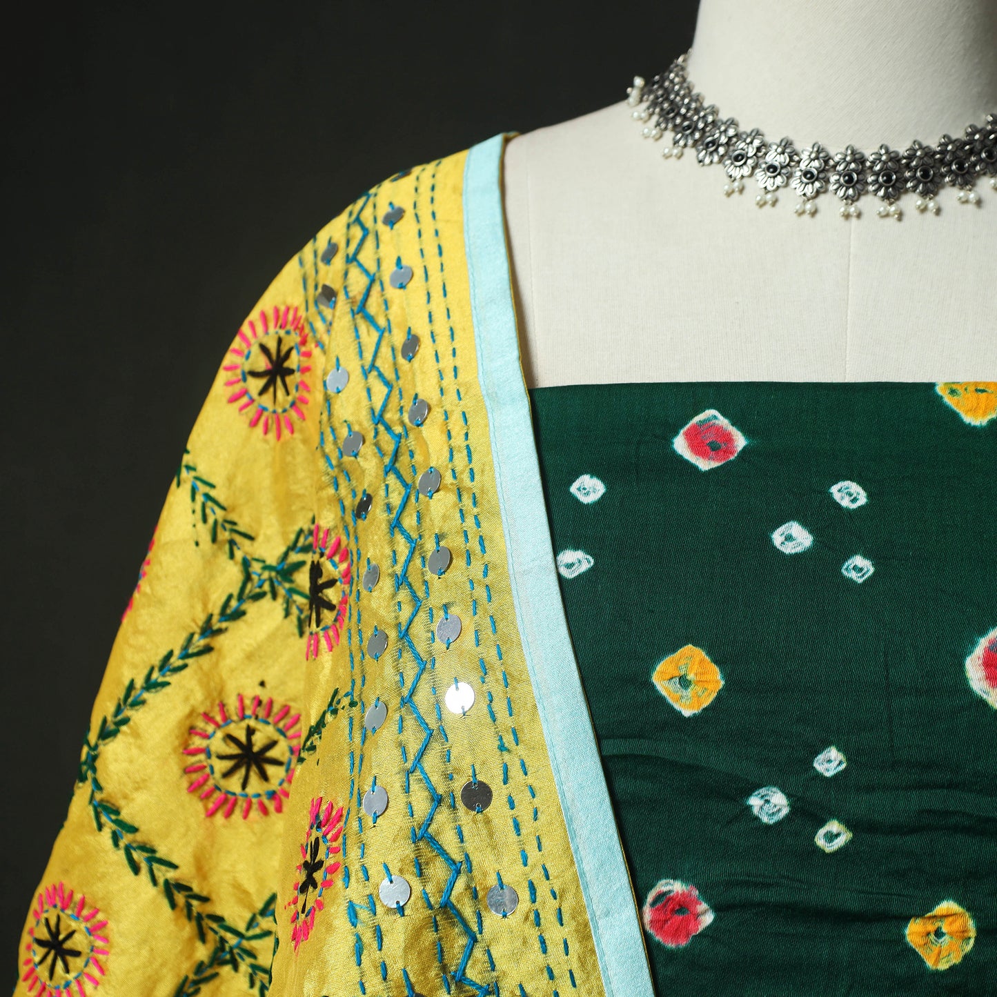 Green - Kutch Bandhani Tie-Dye Cotton 2pc Unstitched Dress Material Kurta Set with Earrings 30