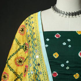 Green - Kutch Bandhani Tie-Dye Cotton 2pc Unstitched Dress Material Kurta Set with Earrings 30