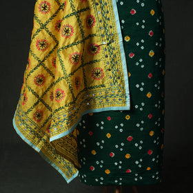 Green - Kutch Bandhani Tie-Dye Cotton 2pc Unstitched Dress Material Kurta Set with Earrings 30