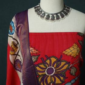 Handpainted Srikalahasti Pen Work Kalamkari Bangalore Silk 2pc Unstitched Dress Material Kurta Set 15