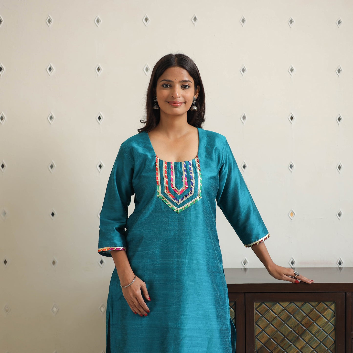 Mahira Dark Green Gota Work Slub Silk Plain Kurta