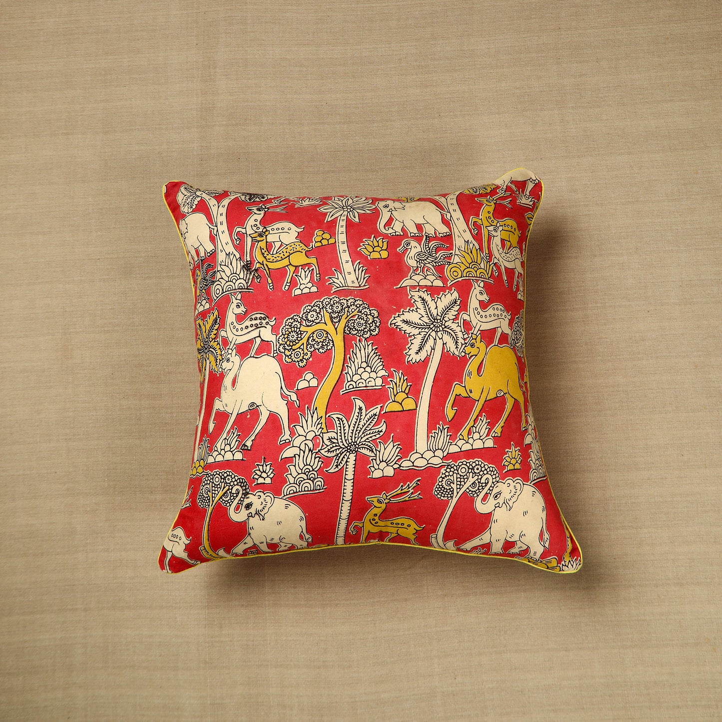 Red - Cotton Printed Kalamkari Cushion Cover (16 x 16 in) 06