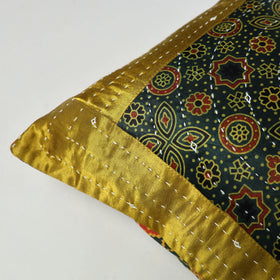 Green - Kutch Embroiderd Mashru Silk Ajrakh Print Cushion Cover 07