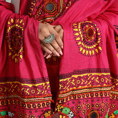 Pink - Kutch Hand Embroidery Mirror Work Printed Cotton Dupatta 44