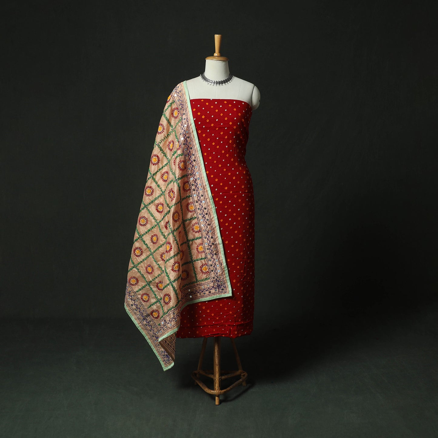 Red - Kutch Bandhani Tie-Dye Cotton 2pc Unstitched Dress Material Kurta Set with Earrings 31