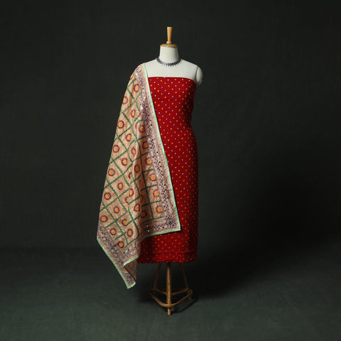 Red - Kutch Bandhani Tie-Dye Cotton 2pc Unstitched Dress Material Kurta Set with Earrings 31