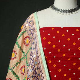 Red - Kutch Bandhani Tie-Dye Cotton 2pc Unstitched Dress Material Kurta Set with Earrings 31