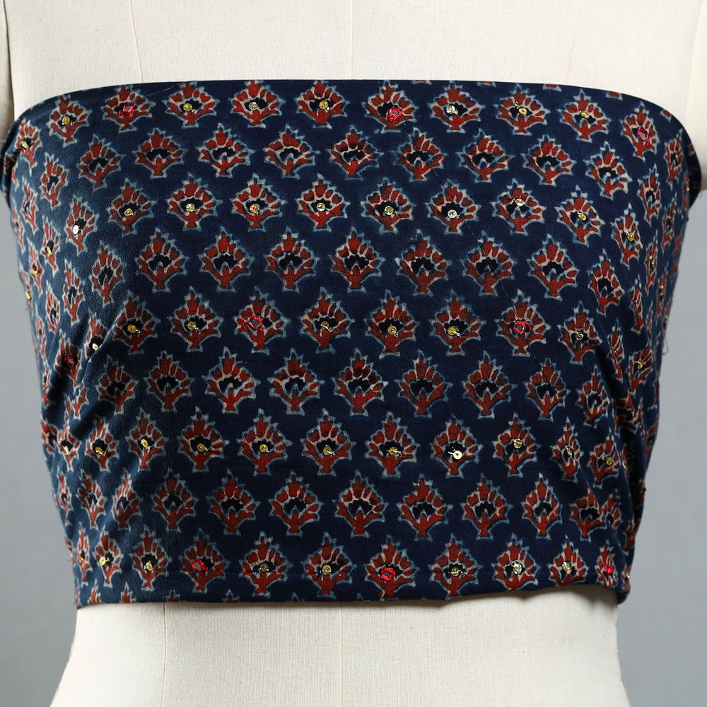 Blue - Hand Embroidered Ajrakh Cotton Blouse Piece 07