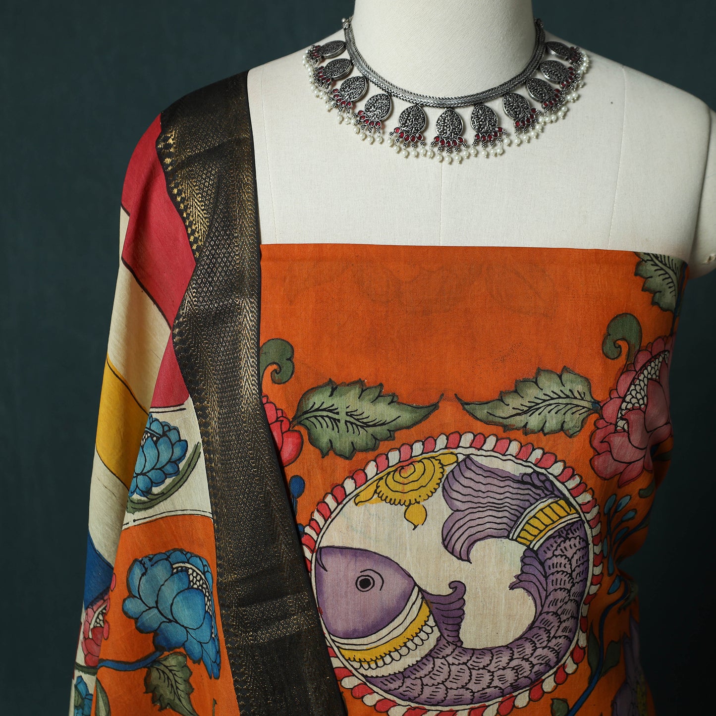 Handpainted Srikalahasti Pen Work Kalamkari Bangalore Silk 2pc Unstitched Dress Material Kurta Set 16