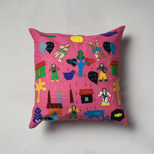 Pink - Pipli Applique Work Cotton Cushion Cover (16 x 16 in)