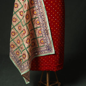 Red - Kutch Bandhani Tie-Dye Cotton 2pc Unstitched Dress Material Kurta Set with Earrings 31