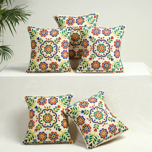 Multicolor - Set of 5 - Aari Hand Embroidery Cotton Cushion Cover (16 x 16 in)