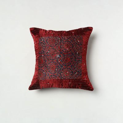 Maroon - Kutch Embroiderd Mashru Silk Ajrakh Print Cushion Cover 09