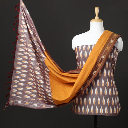 Brown - 3pc Pochampally Ikat Weave Handloom Cotton Suit Material Set 09