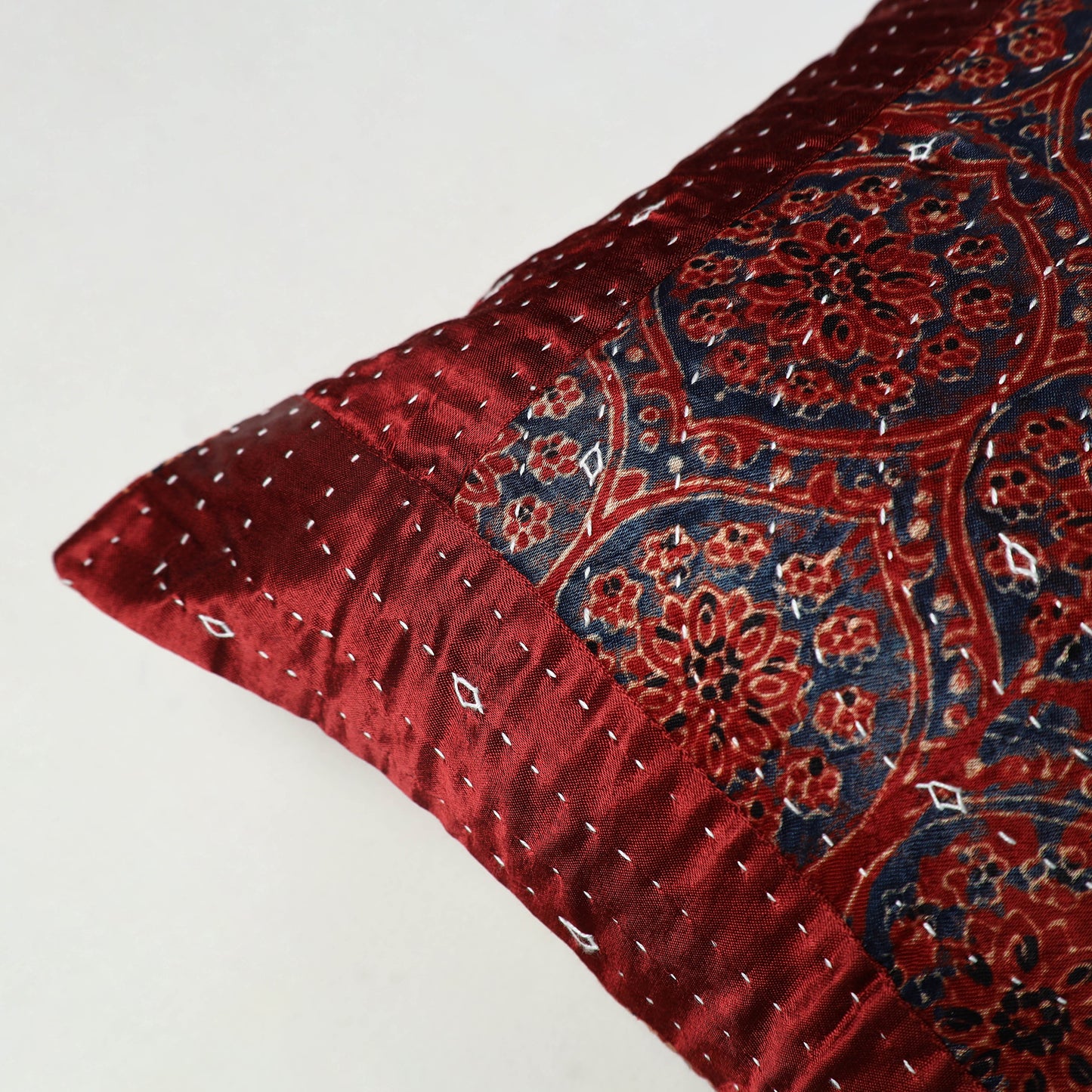 Maroon - Kutch Embroiderd Mashru Silk Ajrakh Print Cushion Cover 09