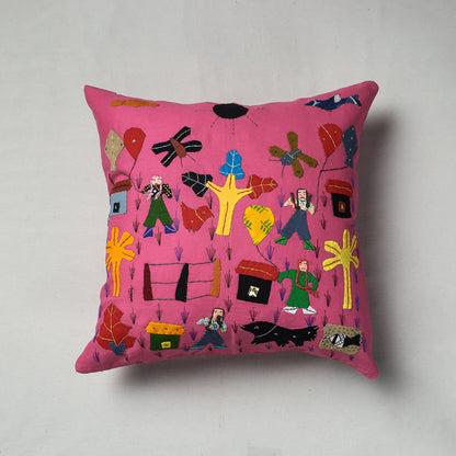 Pink - Pipli Applique Work Cotton Cushion Cover (16 x 16 in)
