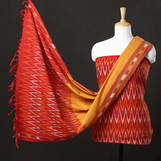Red - 3pc Pochampally Ikat Weave Handloom Cotton Suit Material Set 11