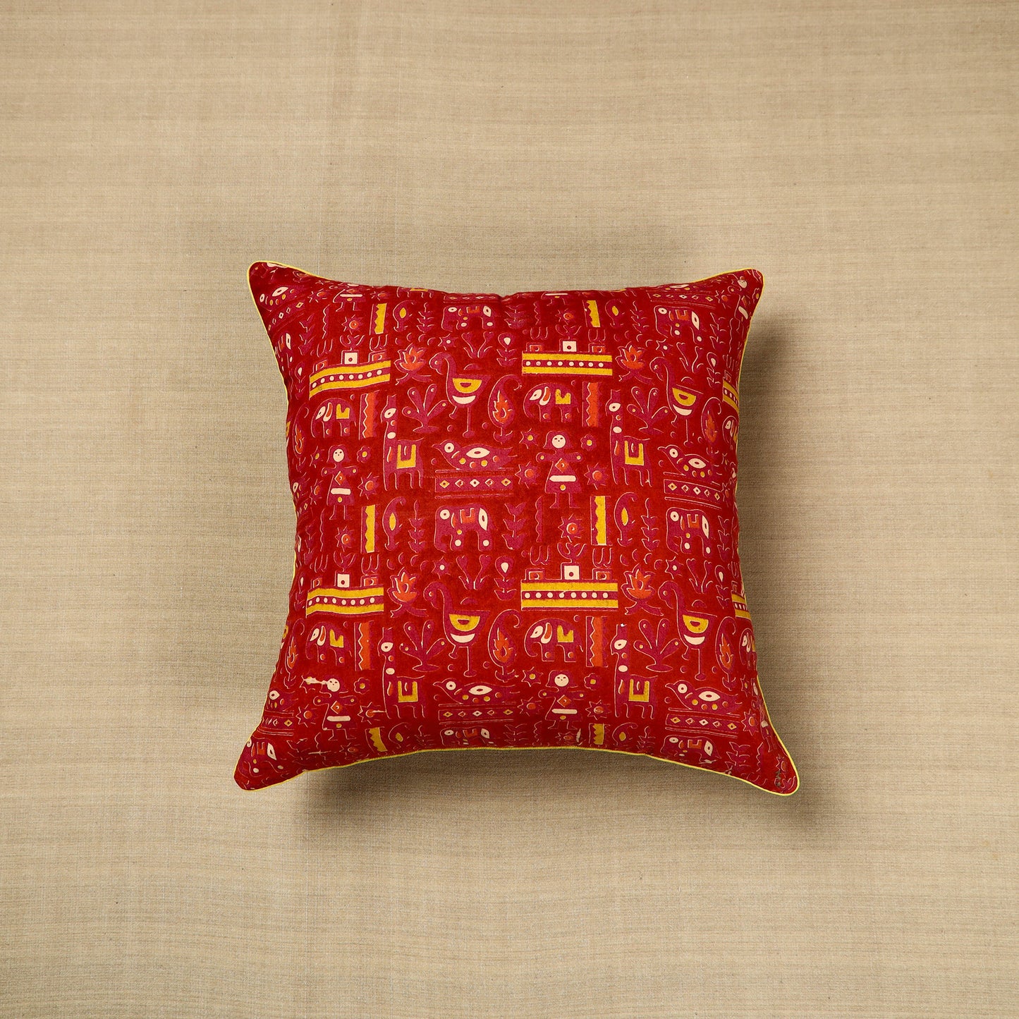 Red - Cotton Printed Kalamkari Cushion Cover (16 x 16 in) 07