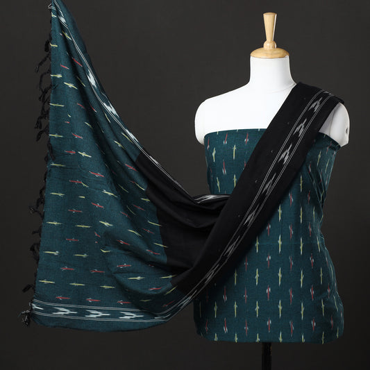 Green - 3pc Pochampally Ikat Weave Handloom Cotton Suit Material Set 12