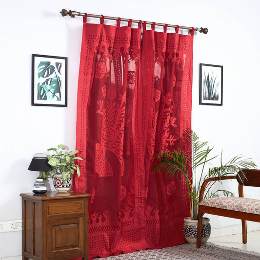 Red - Applique Peacock Cutwork Cotton Door Curtain from Barmer (7 x 3.5 feet) (single piece)