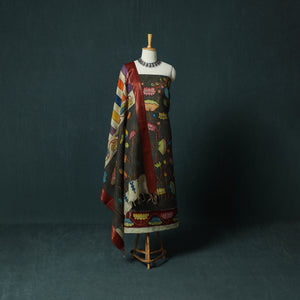 Black - Handpainted Srikalahasti Pen Work Kalamkari Bangalore Silk 2pc Unstitched Dress Material Kurta Set 17