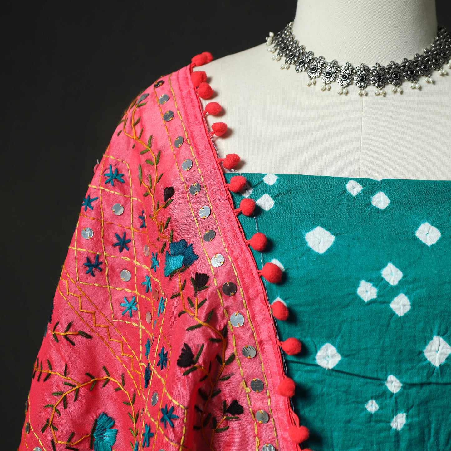 Green - Kutch Bandhani Tie-Dye Cotton 2pc Unstitched Dress Material Kurta Set with Earrings 32