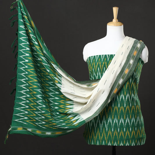 Green - 3pc Pochampally Ikat Weave Handloom Cotton Suit Material Set 13