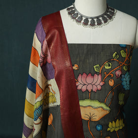 Handpainted Srikalahasti Pen Work Kalamkari Bangalore Silk 2pc Unstitched Dress Material Kurta Set 17
