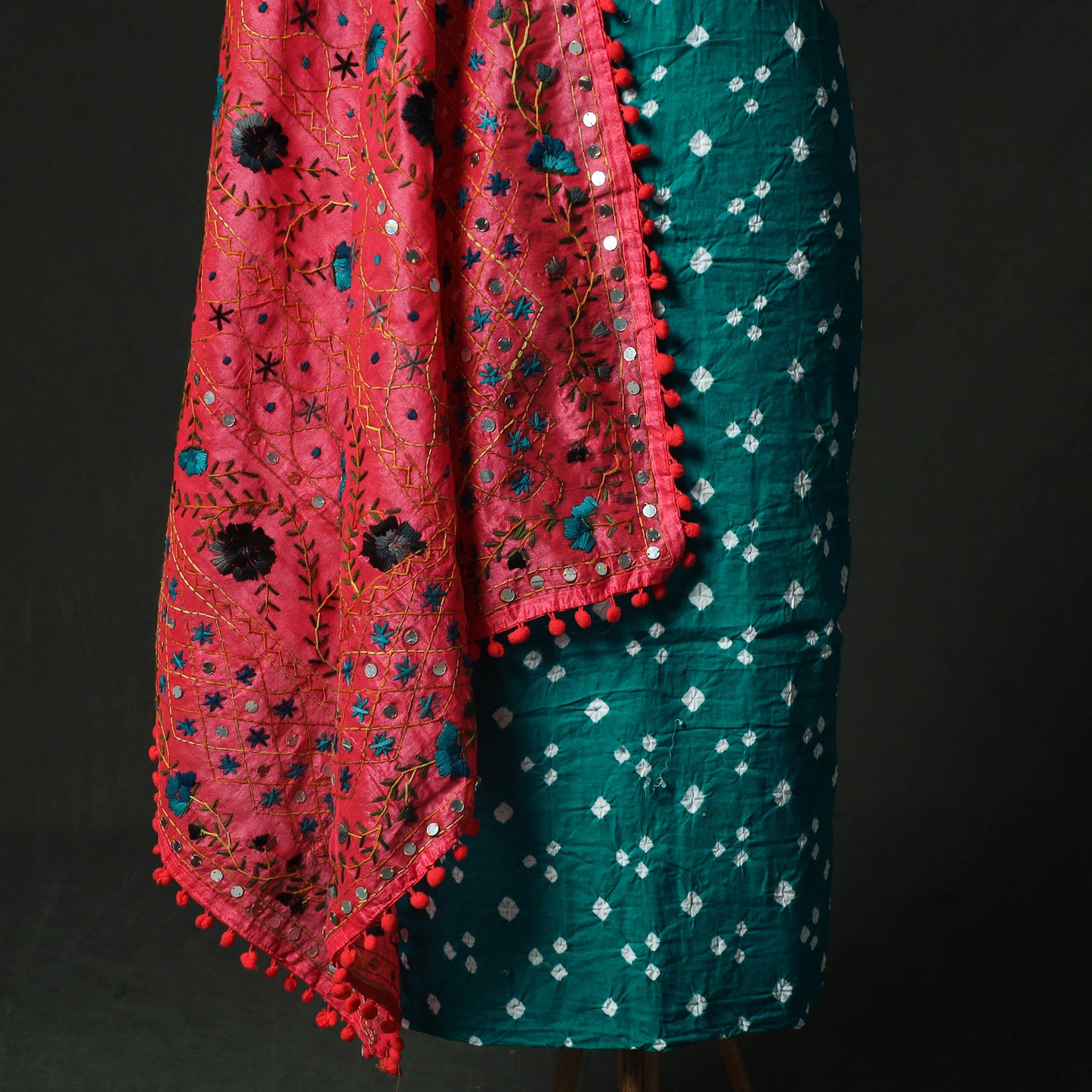 Green - Kutch Bandhani Tie-Dye Cotton 2pc Unstitched Dress Material Kurta Set with Earrings 32