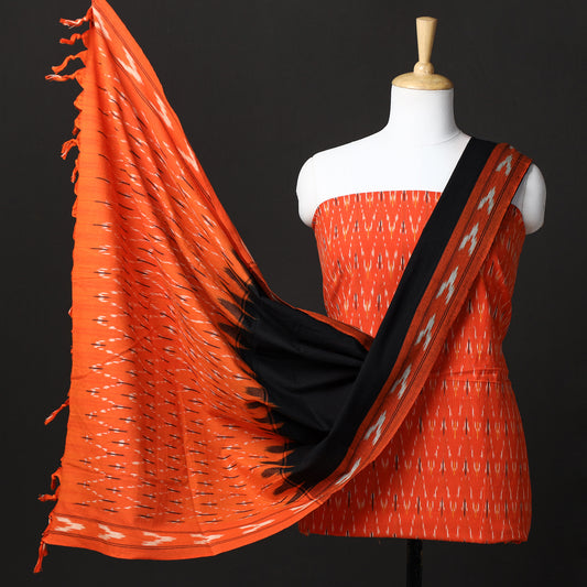 Orange - 3pc Pochampally Ikat Weave Handloom Cotton Suit Material Set 15