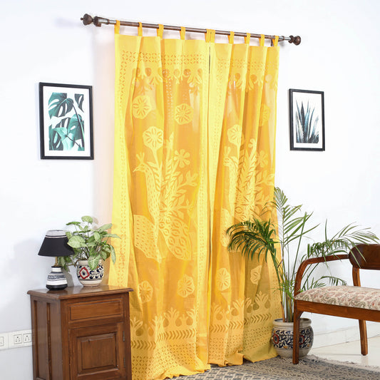 Yellow - Applique Peacock Cutwork Cotton Door Curtain from Barmer (7 x 3.5 feet) (single piece)