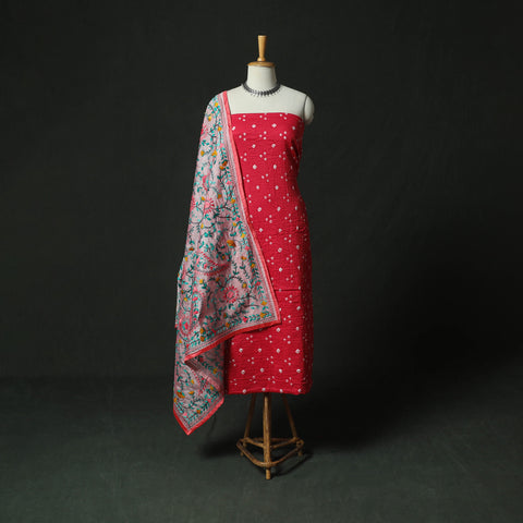 Pink - Kutch Bandhani Tie-Dye Cotton 2pc Unstitched Dress Material Kurta Set with Earrings 33