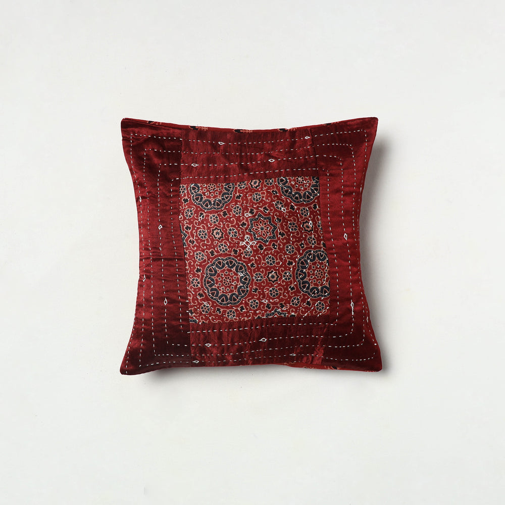 Maroon - Kutch Embroiderd Mashru Silk Ajrakh Print Cushion Cover 01