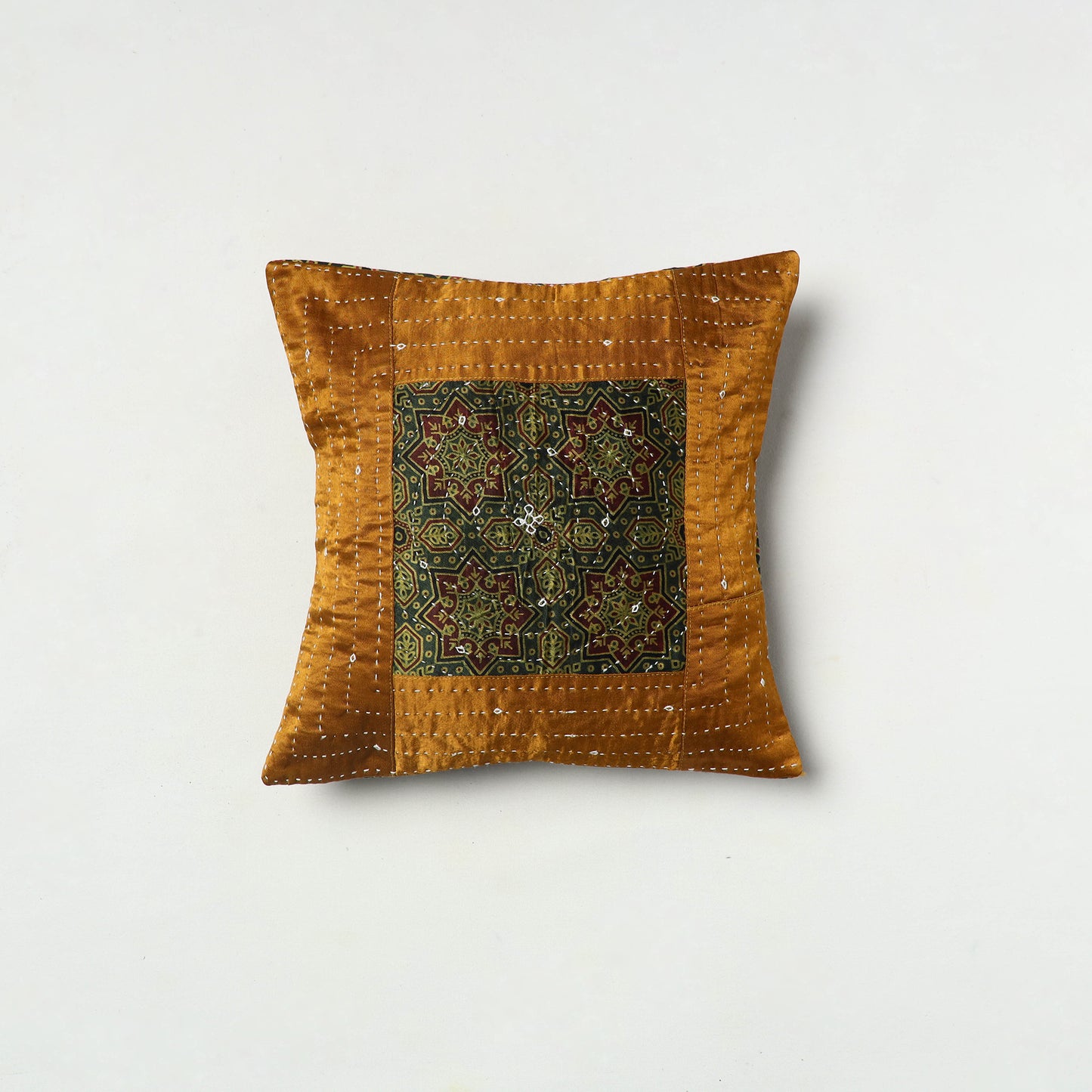 Multicolor - Kutch Embroiderd Mashru Silk Ajrakh Print Cushion Cover 02