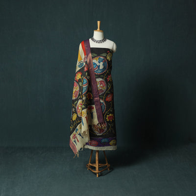 Handpainted Srikalahasti Pen Work Kalamkari Bangalore Silk 2pc Unstitched Dress Material Kurta Set 18