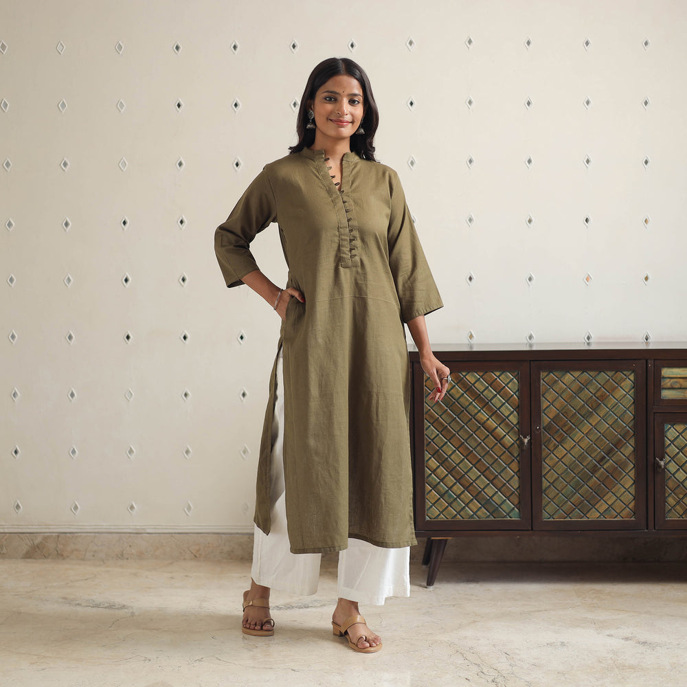 Aashvi Mehndi Green Flex Cotton Straight Plain Kurta