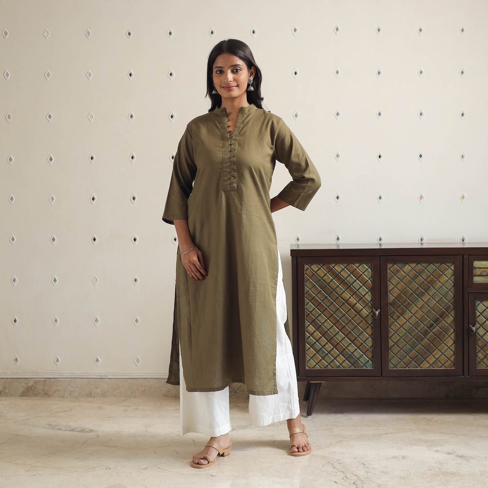 Aashvi Mehndi Green Flex Cotton Straight Plain Kurta