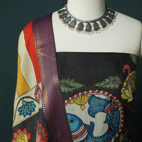 Handpainted Srikalahasti Pen Work Kalamkari Bangalore Silk 2pc Unstitched Dress Material Kurta Set 18