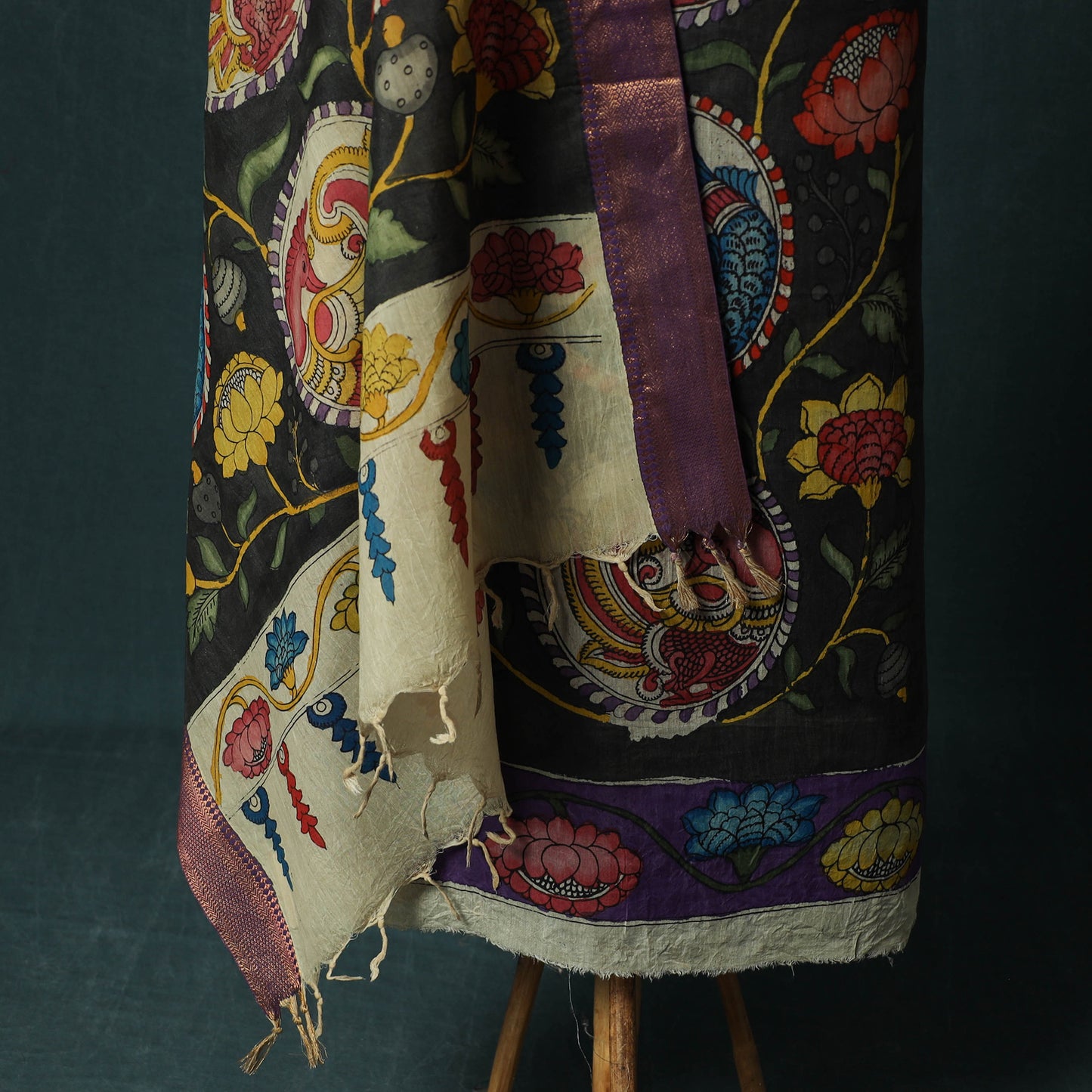Handpainted Srikalahasti Pen Work Kalamkari Bangalore Silk 2pc Unstitched Dress Material Kurta Set 18
