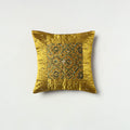 Yellow - Kutch Embroiderd Mashru Silk Ajrakh Print Cushion Cover 04