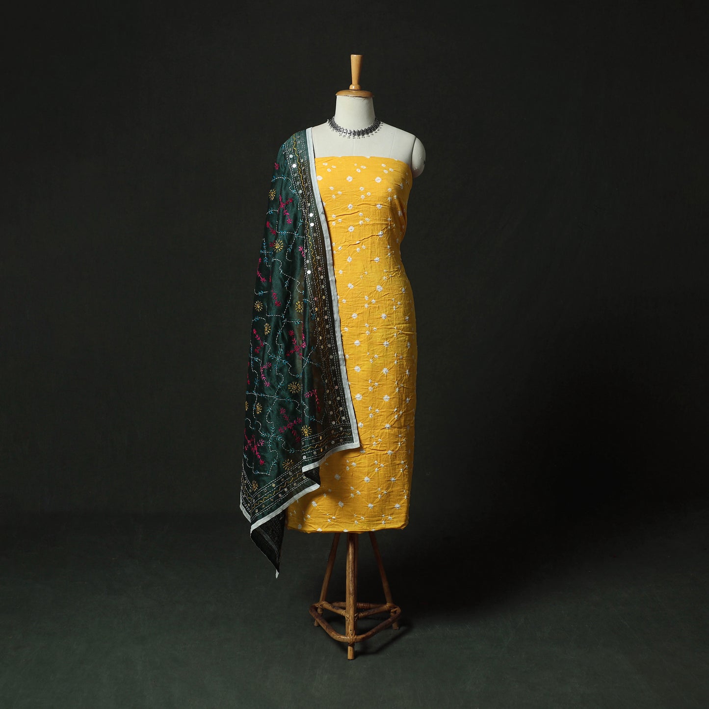 Yellow - Kutch Bandhani Tie-Dye Cotton 2pc Unstitched Dress Material Kurta Set with Earrings 34