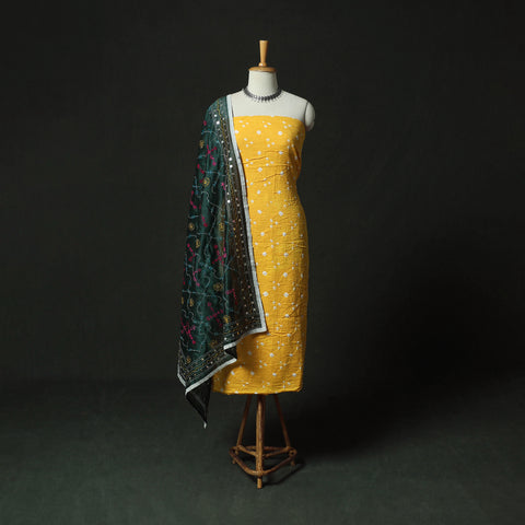 Yellow - Kutch Bandhani Tie-Dye Cotton 2pc Unstitched Dress Material Kurta Set with Earrings 34