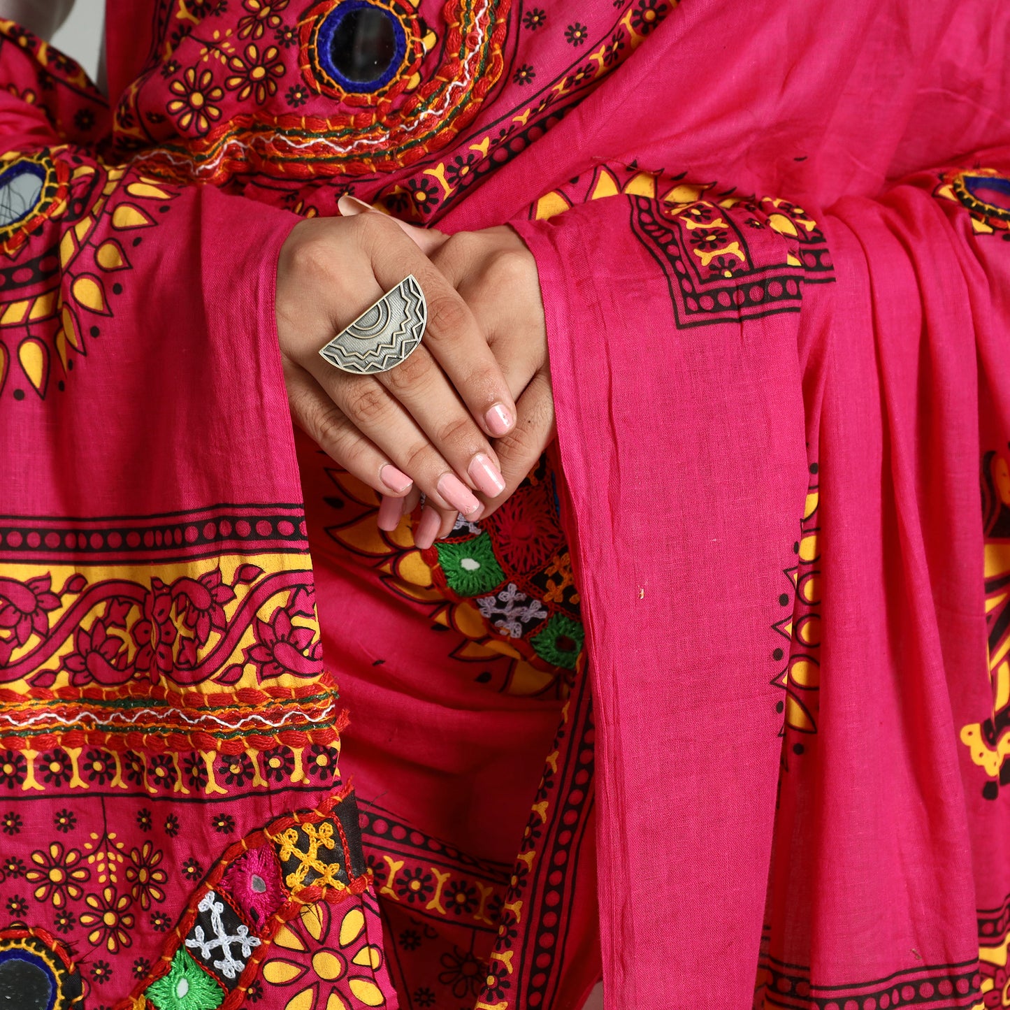 Pink - Kutch Hand Embroidery Mirror Work Printed Cotton Dupatta 49