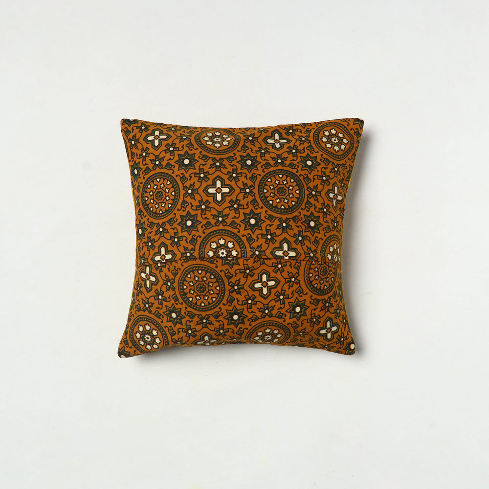 Yellow - Kutch Embroiderd Mashru Silk Ajrakh Print Cushion Cover 04