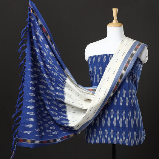 Blue - 3pc Pochampally Ikat Weave Handloom Cotton Suit Material Set 19