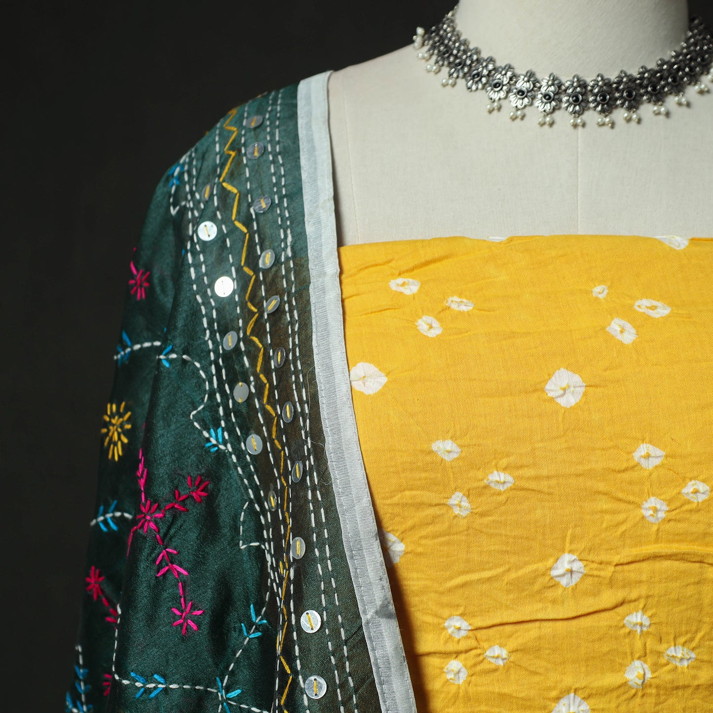 Yellow - Kutch Bandhani Tie-Dye Cotton 2pc Unstitched Dress Material Kurta Set with Earrings 34