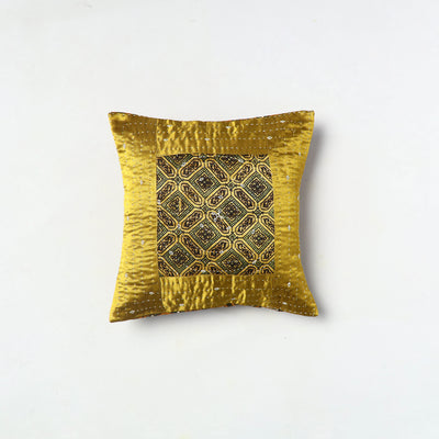 Yellow - Kutch Embroiderd Mashru Silk Ajrakh Print Cushion Cover 03